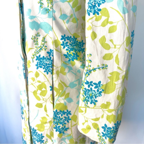 NORDSTROM FLORAL WHITE GREEN BLUE LIGHTWEIGHT KNEE LENGTH TRENCH COAT JACKET Sz6 - Picture 4 of 12